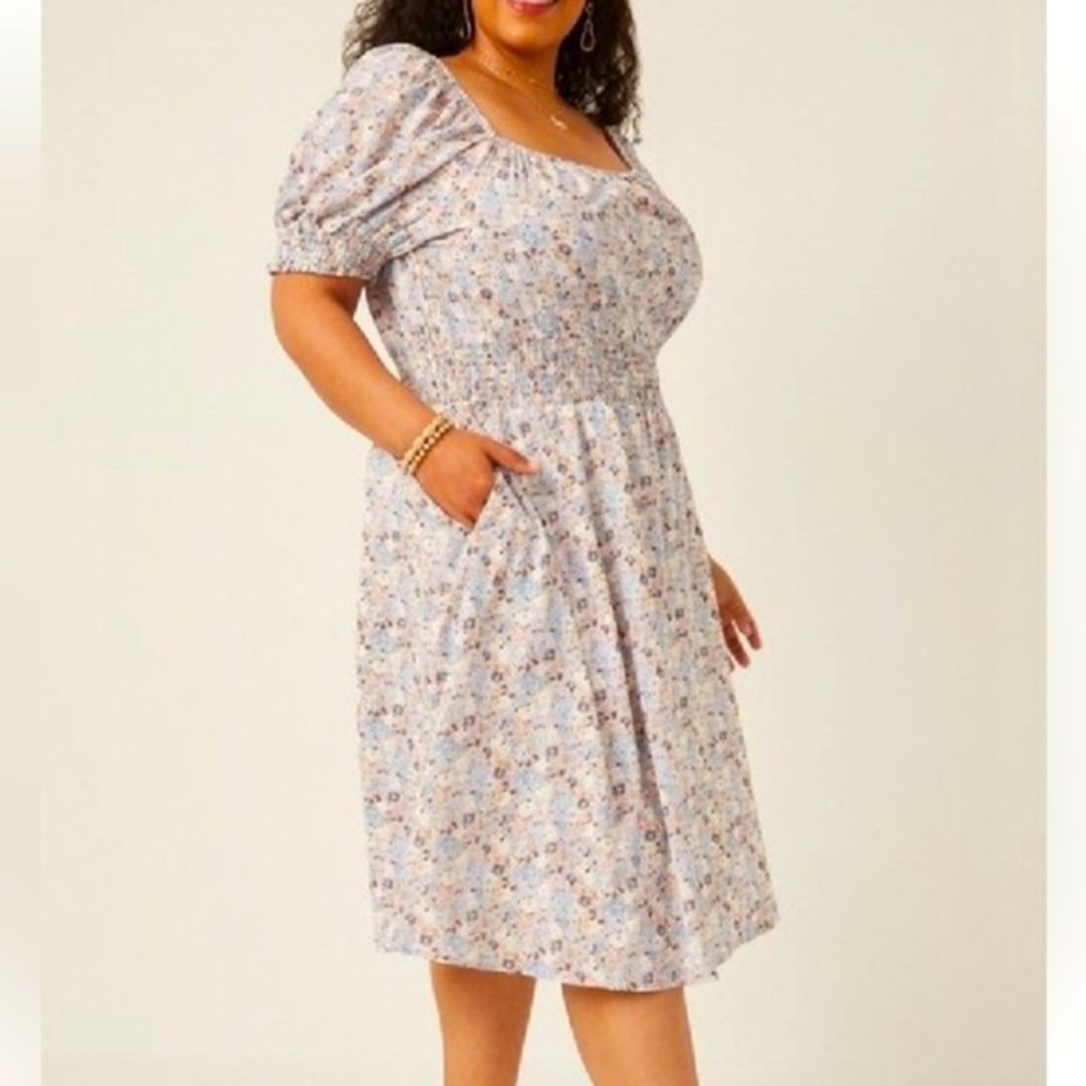 Hayden Smocked Puff Sleeves Midi Dress W/Pockets In Blue Floral Print.NWT! Sz 2X